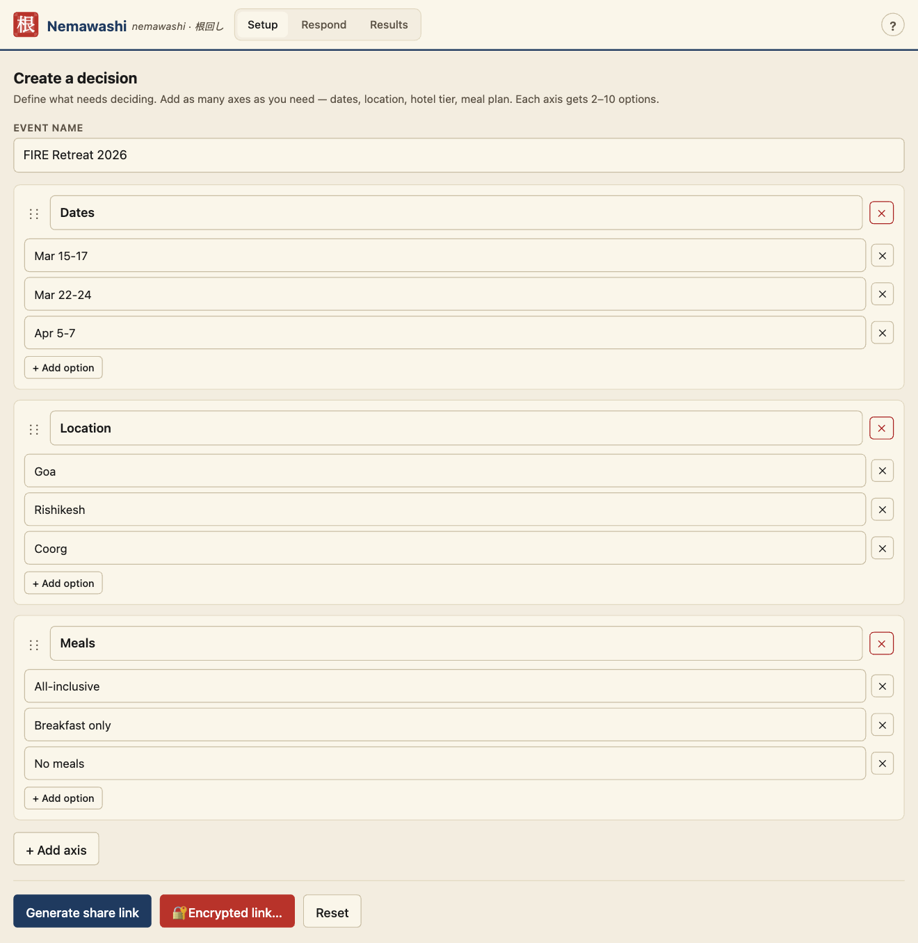 Setup tab with FIRE Retreat 2026 event configured with three axes: Dates, Location, Meals