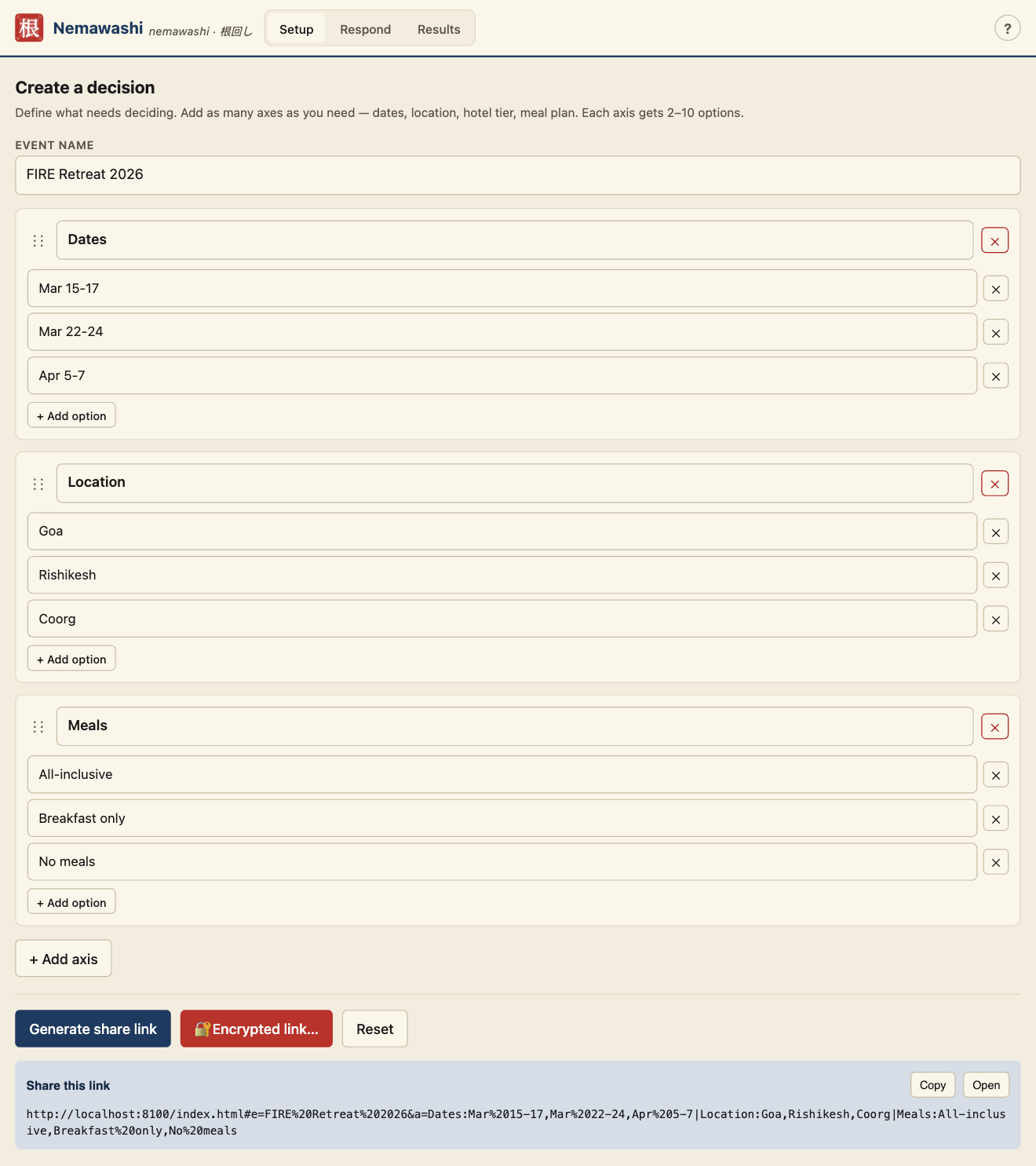 Setup tab with the generated share link shown in a cream box at the bottom