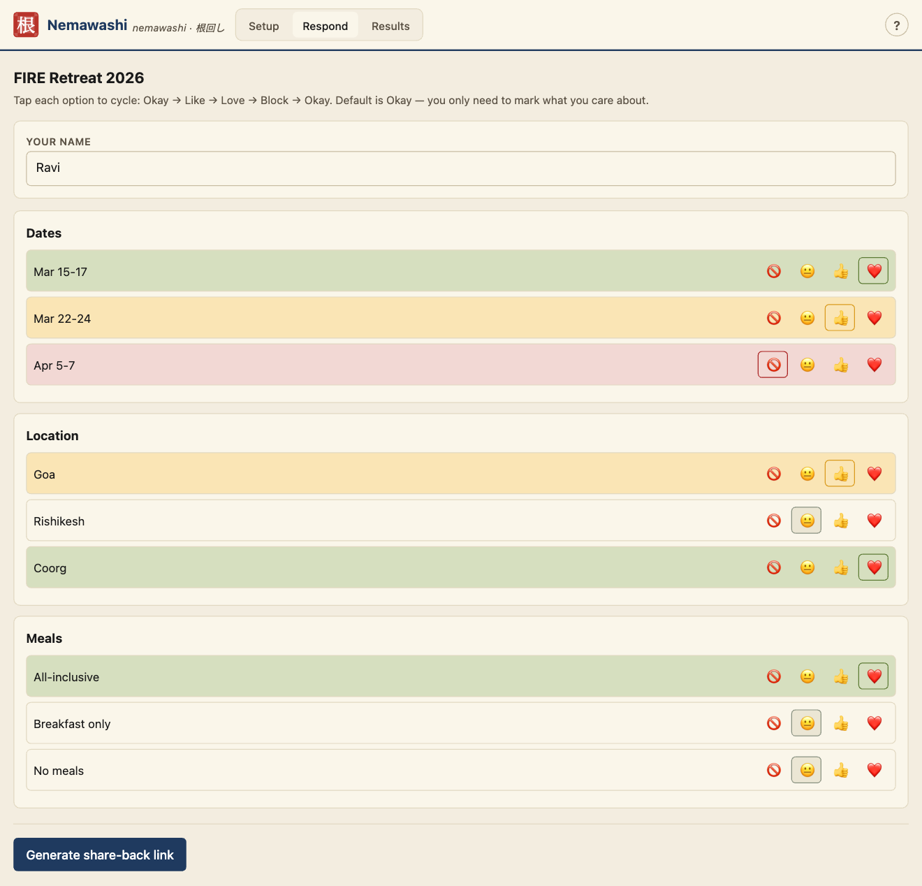 Respond tab with all four score states visible: Mar 15-17 as Love (green), Mar 22-24 as Like (gold), Apr 5-7 as Block (red), and other options in the default Okay state