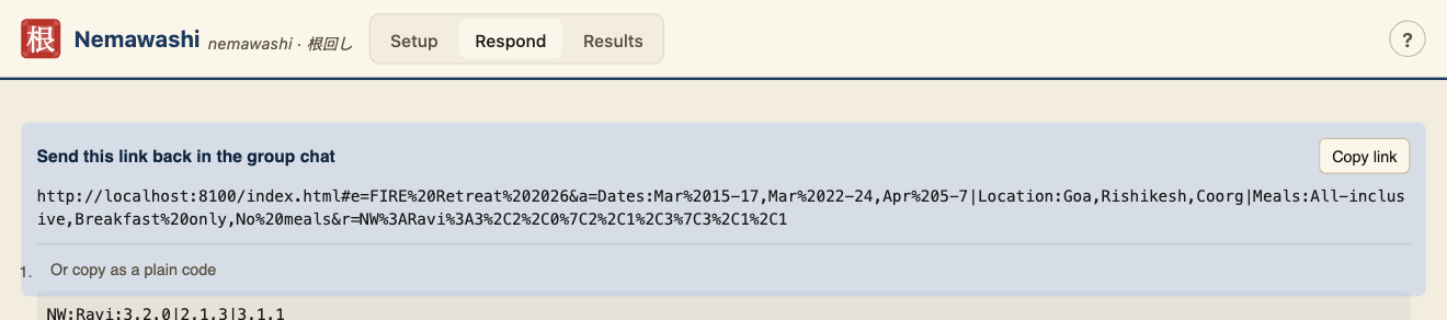 Respond tab showing the generated share-back URL in a cream result box with a Copy link button